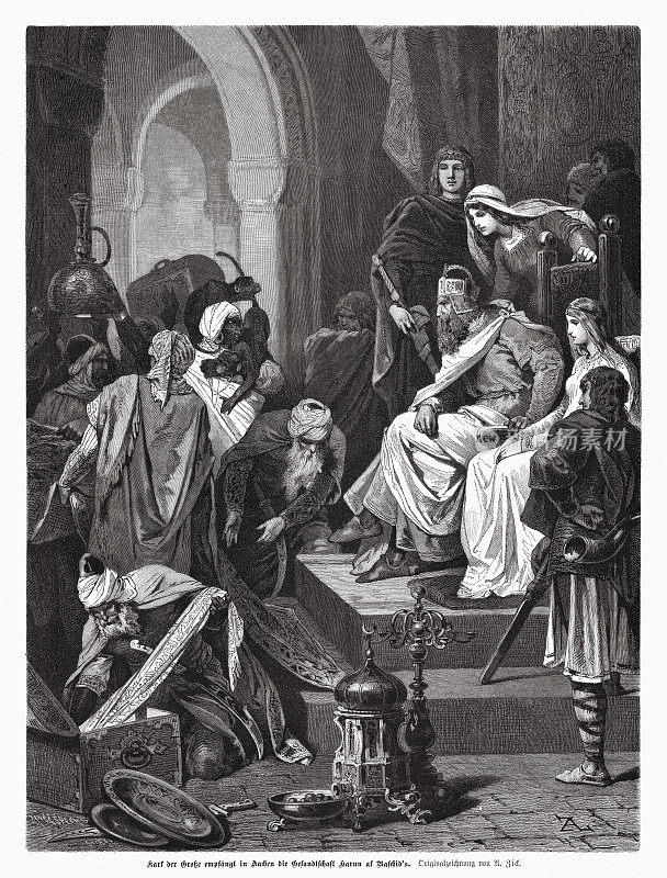 Ambassador Harun Rashid, Caliph before Charlemagne, woodcut, 1885